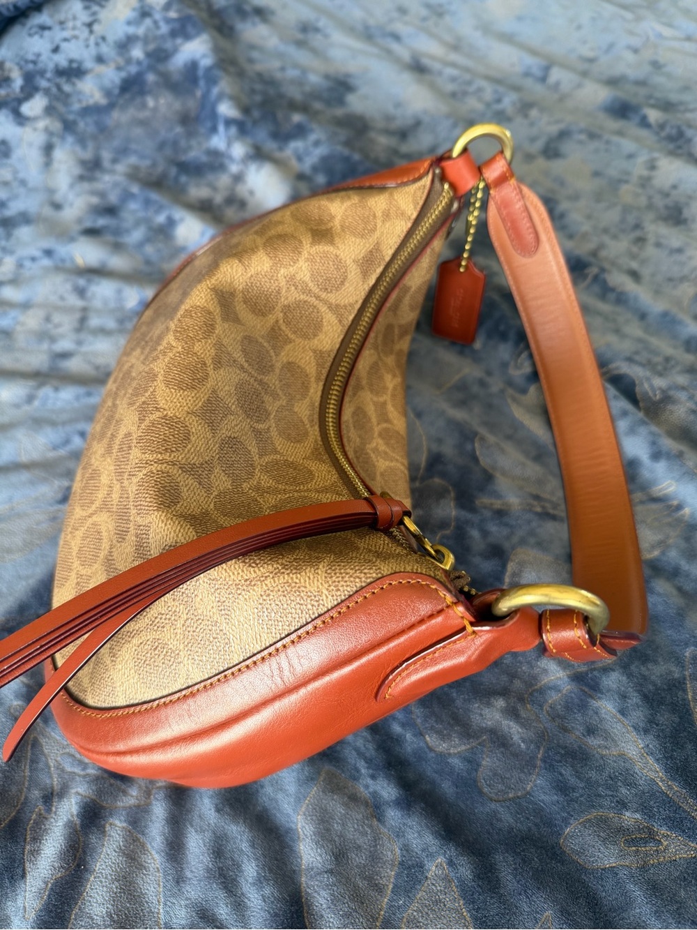 Coach Brown Signature Canvas Hobo with Burnt Orange Leather Trim